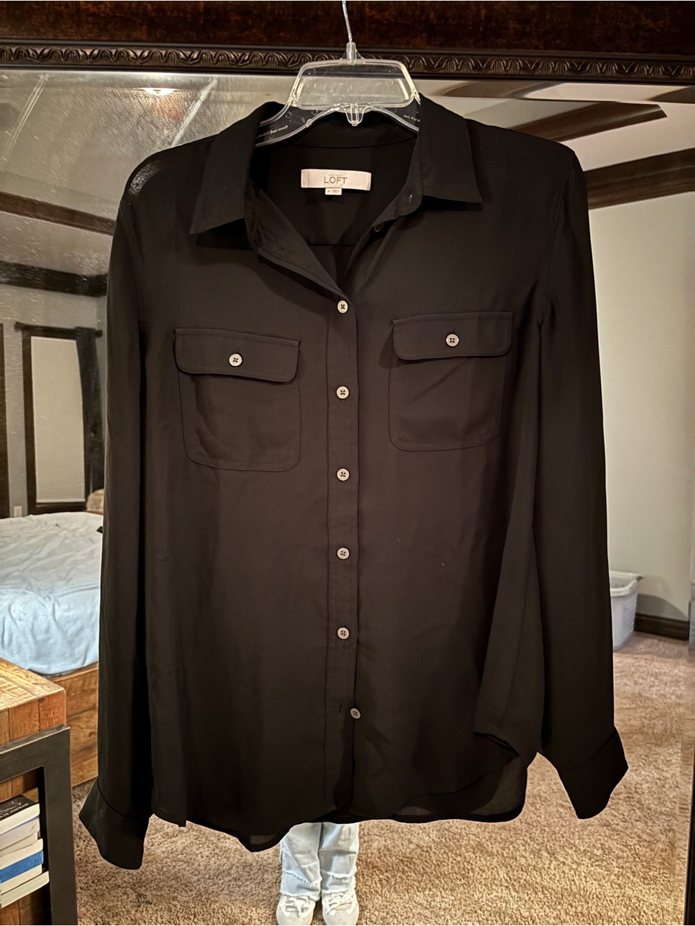 LOFT Black Long-Sleeve Button Front Shirt